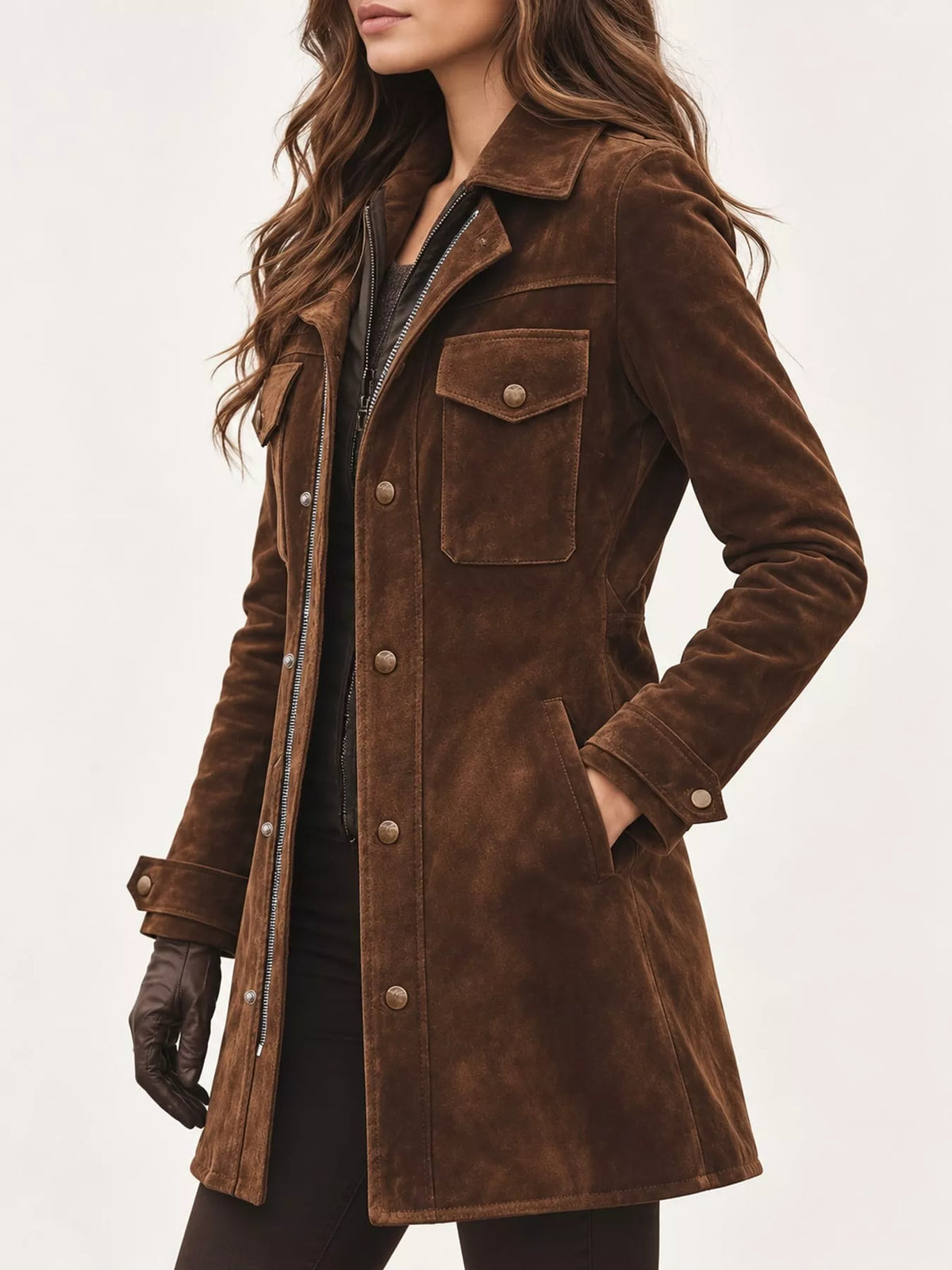 Unlined long-sleeve jacket with pockets across the front.