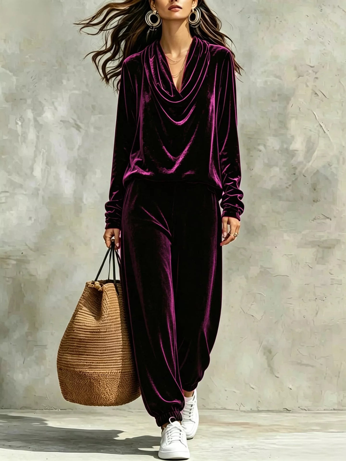 View 10 of the velvet two-piece set with a cowl-neck top and matching pants.