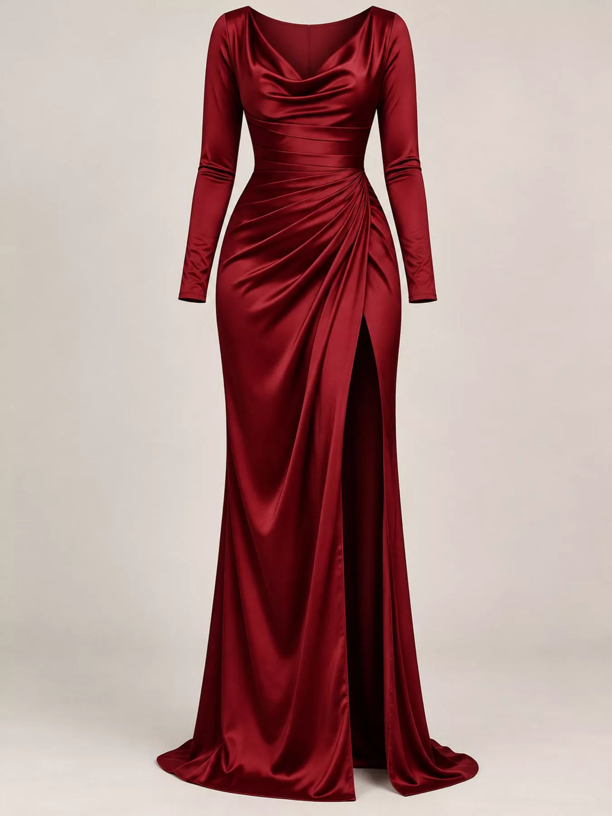 View 4 of the satin evening maxi dress with a cowl neck, a high slit, and ruching.