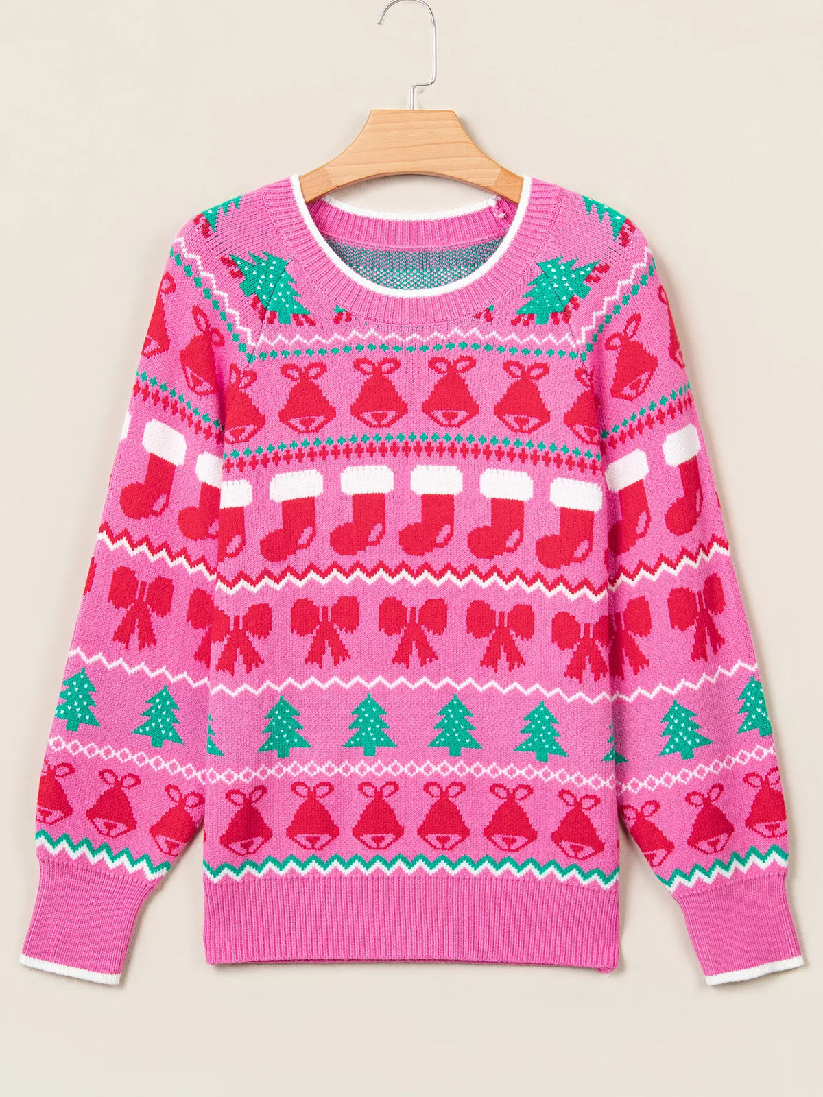 View 3 of the round-neck holiday knit sweater with a graphic across the chest.