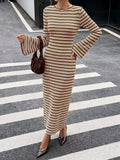 Striped ribbed knit dress with flare sleeves.