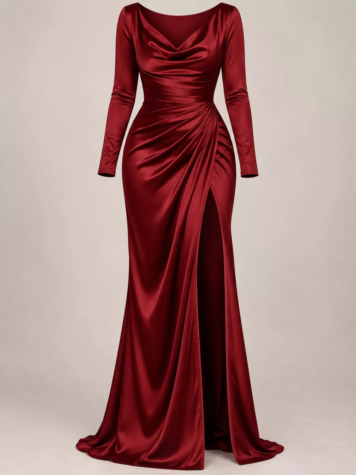 View 5 of the satin evening maxi dress with a cowl neck, a high slit, and ruching.