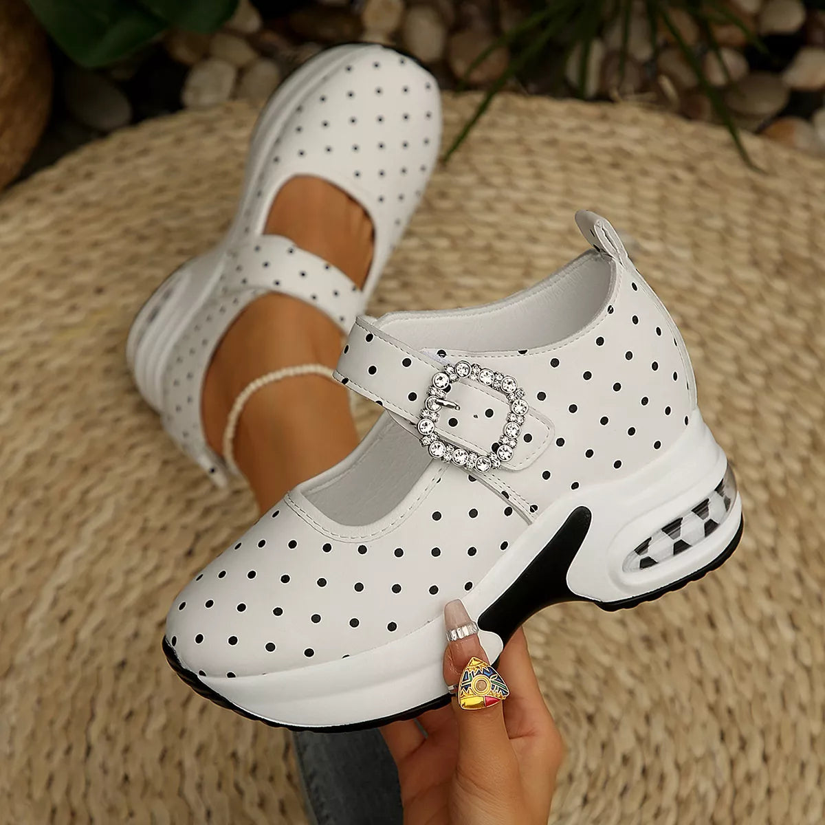 View 5 of the polka-dot platform loafers with a rhinestone buckle.