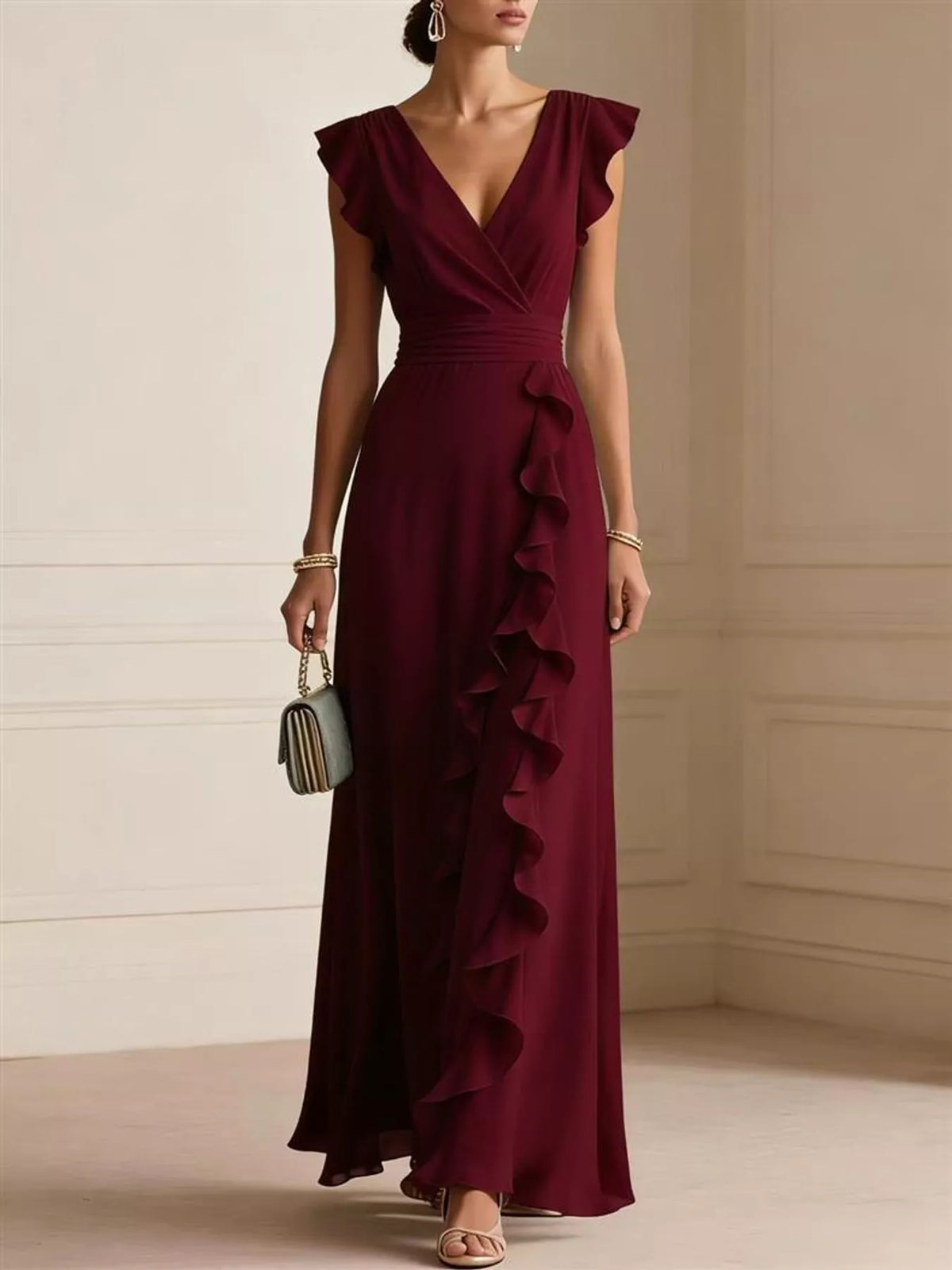 View 26 of the sleeveless maxi dress with a surplice wrap neck, ruffles, and a pleated skirt.