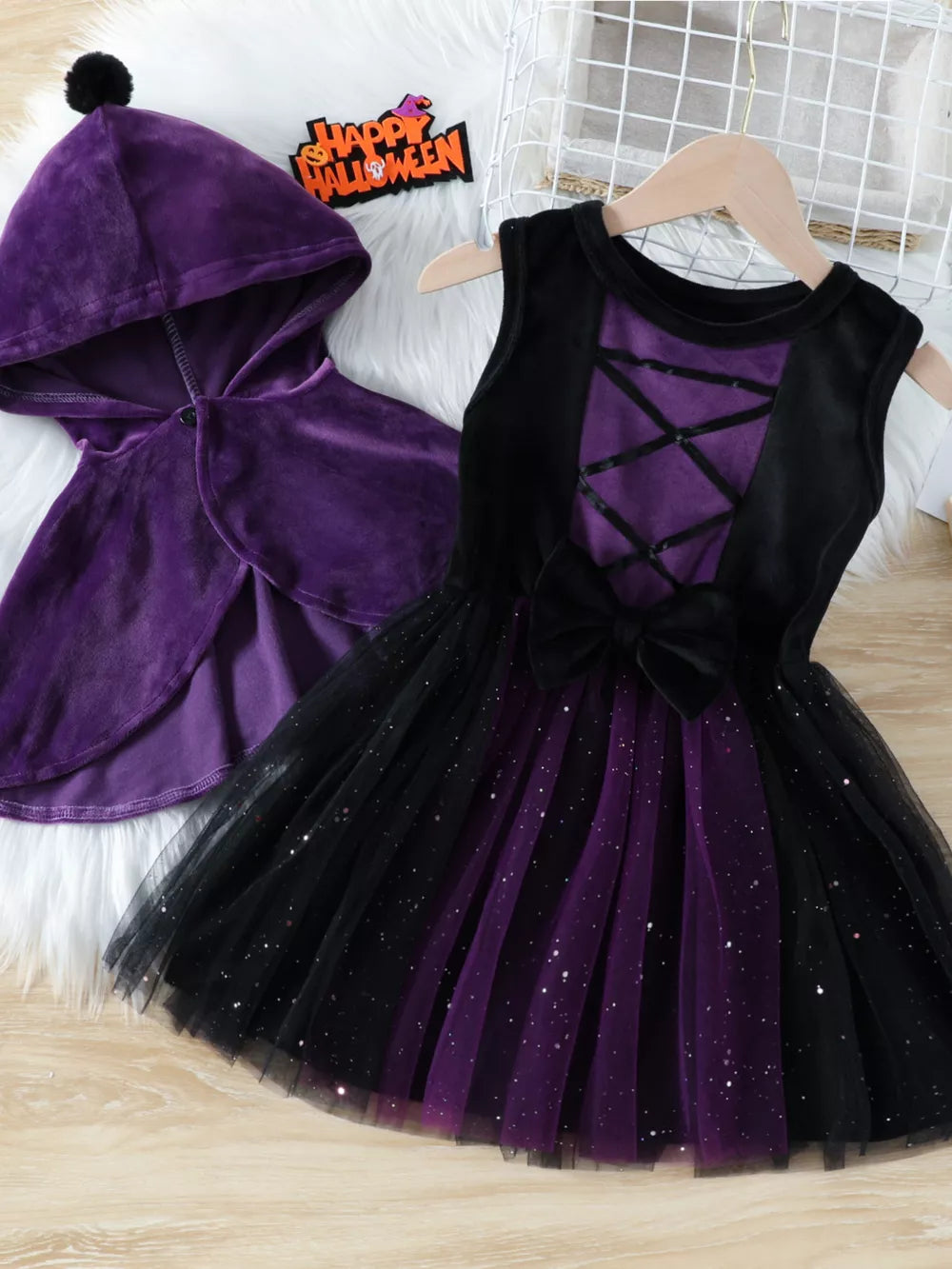 Kids witch costume with velvet cape and tulle dress