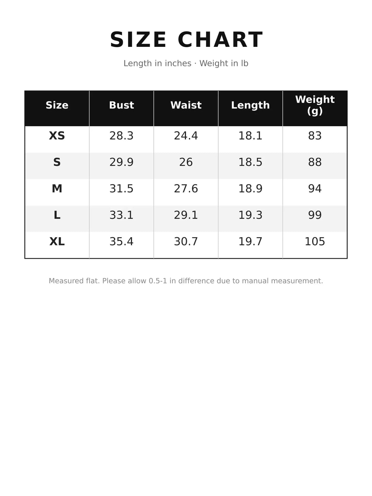 Size chart for the plain short-sleeve crewneck crop tee.