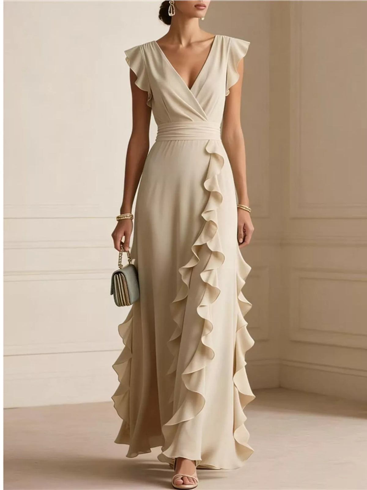 Sleeveless maxi dress with a surplice wrap neck, ruffles, and a pleated skirt.