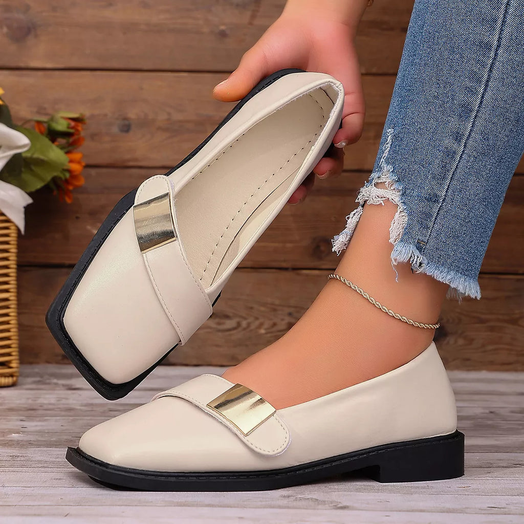 View 5 of the square-toe slip-on shoes with a low heel.