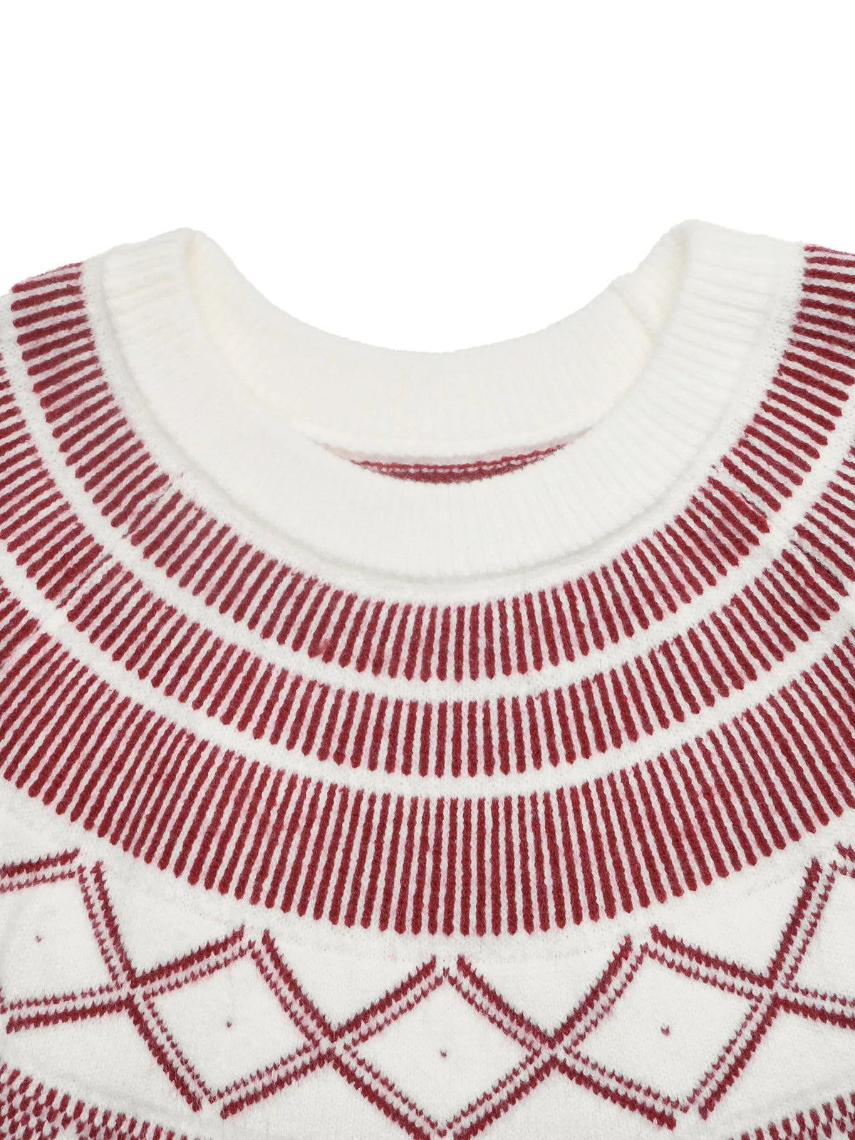 View 8 of the crewneck knit sweater covered in a geometric pattern.