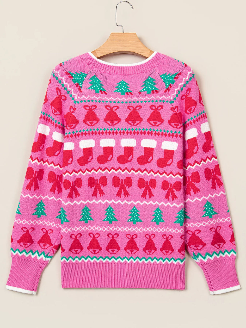 View 4 of the round-neck holiday knit sweater with a graphic across the chest.
