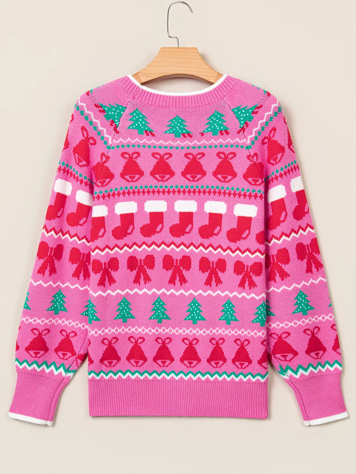 View 4 of the round-neck holiday knit sweater with a graphic across the chest.