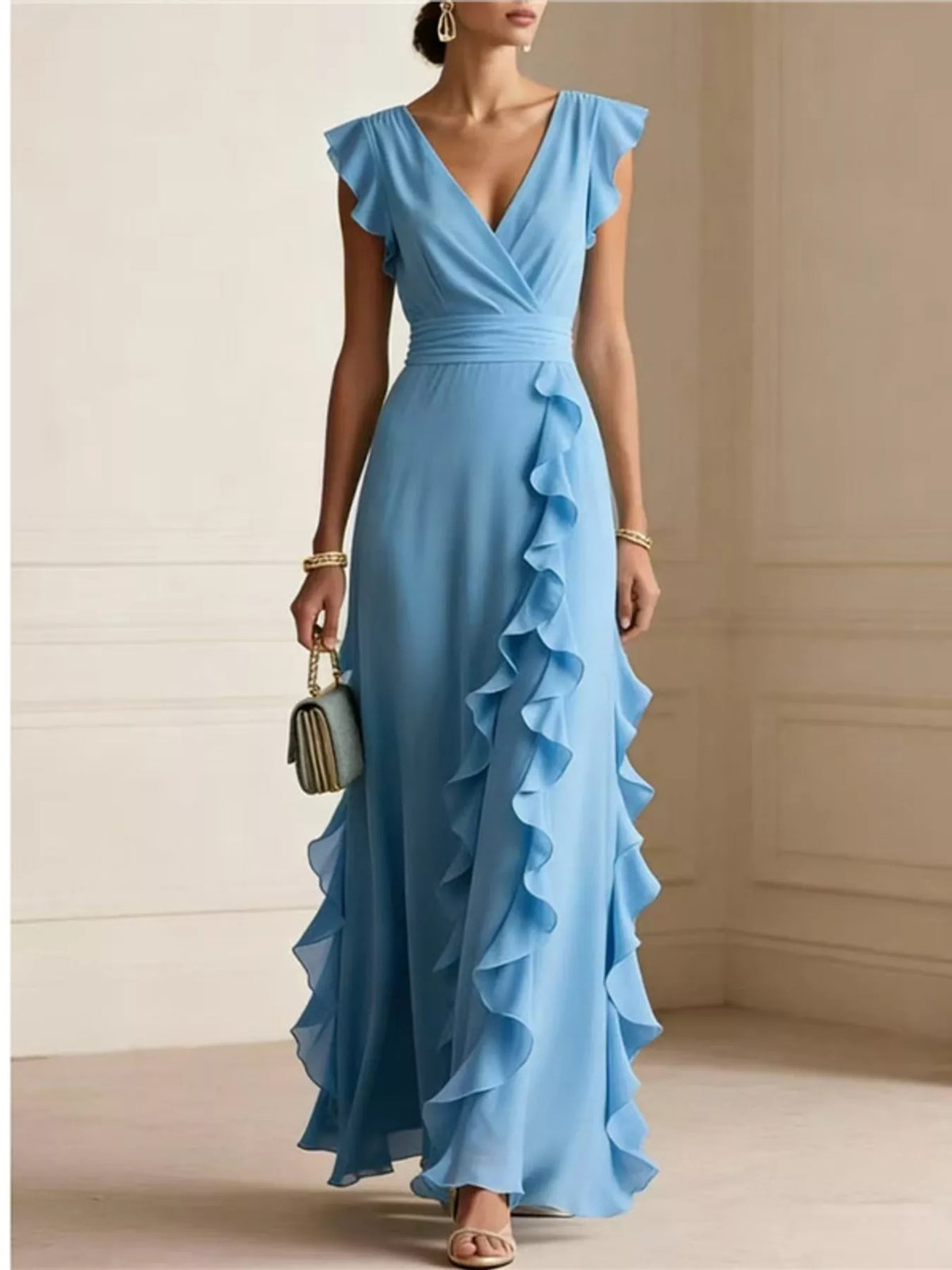 View 11 of the sleeveless maxi dress with a surplice wrap neck, ruffles, and a pleated skirt.