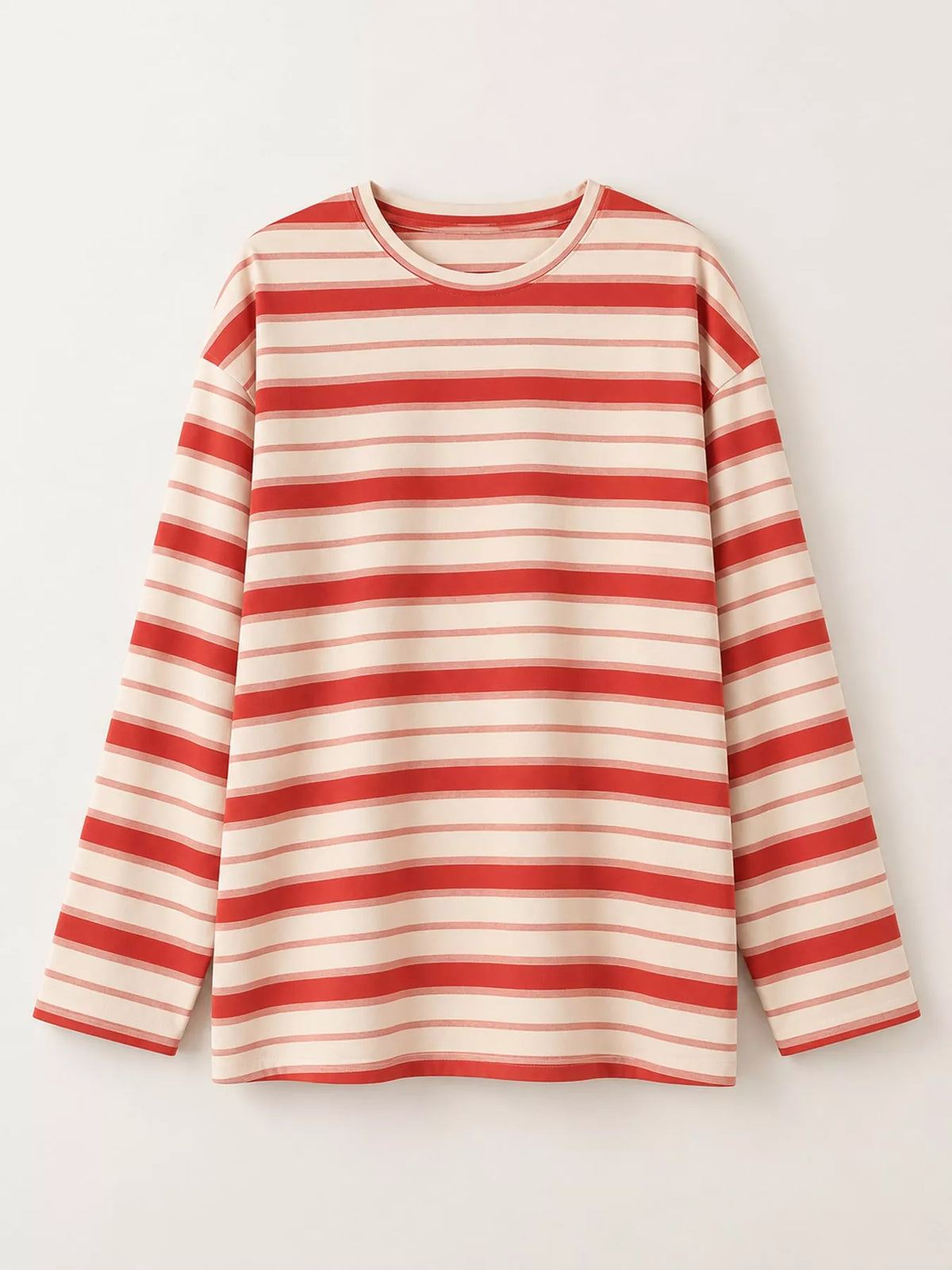View 17 of the oversized navy-and-cream striped tee with dropped shoulders.