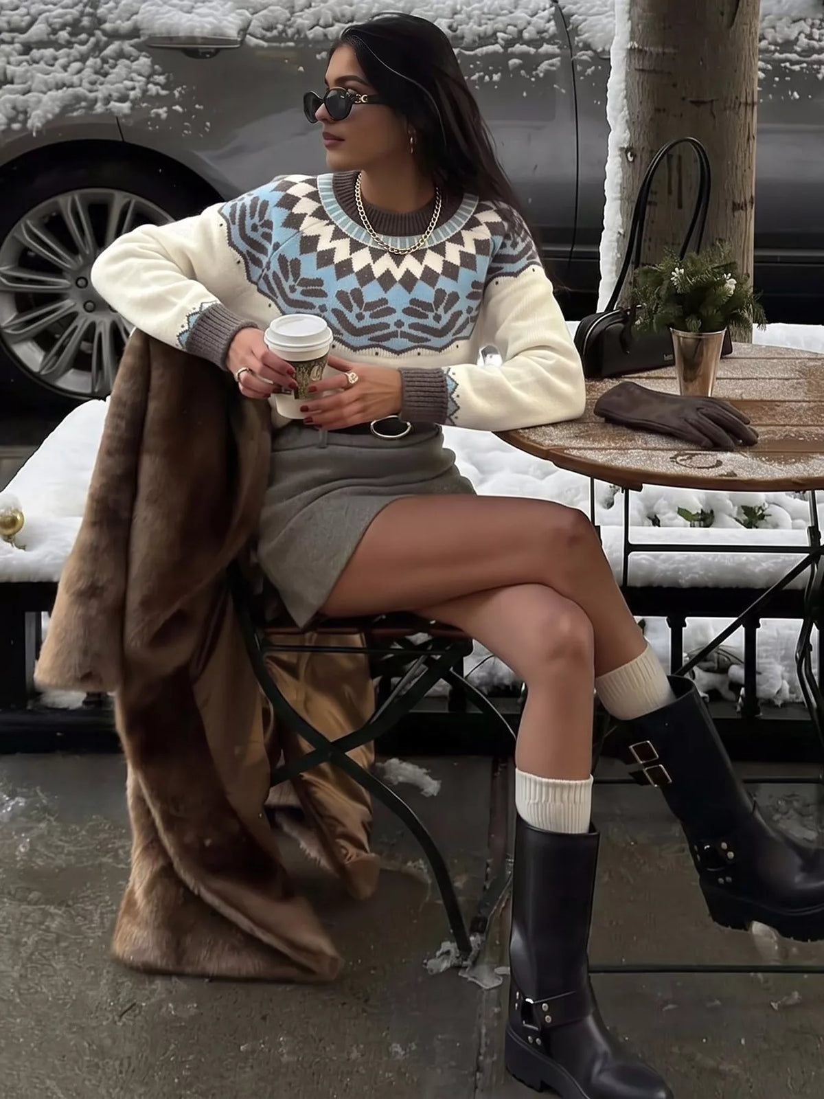View 3 of the round-neck Fair Isle sweater with the pattern knitted in, not printed.