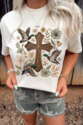 Cream short-sleeve tee with a cross, mallard, and flower graphic.
