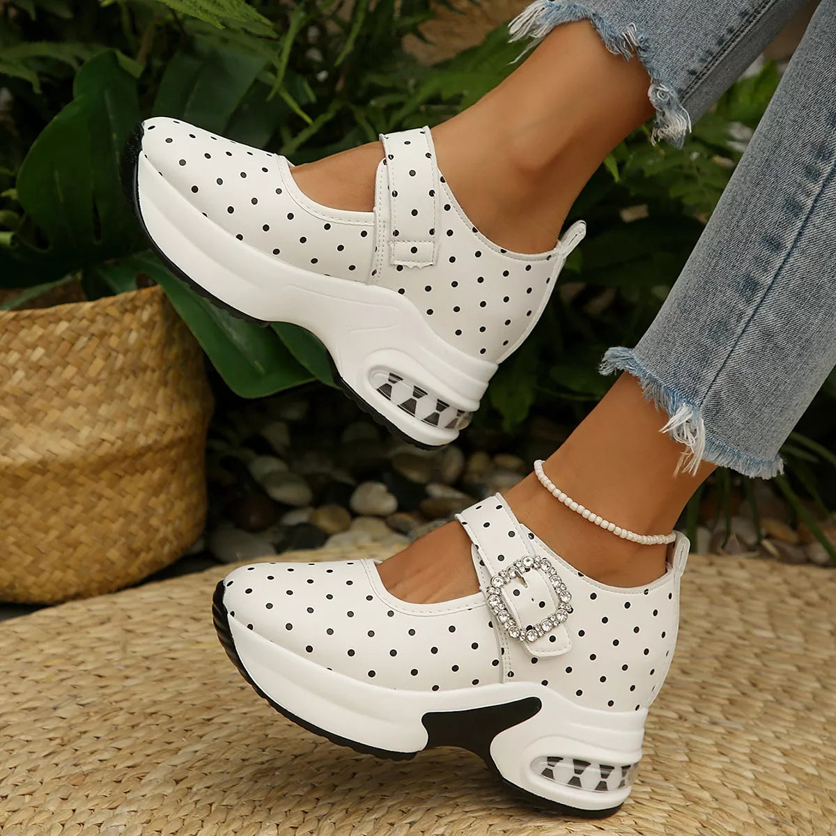 View 4 of the polka-dot platform loafers with a rhinestone buckle.
