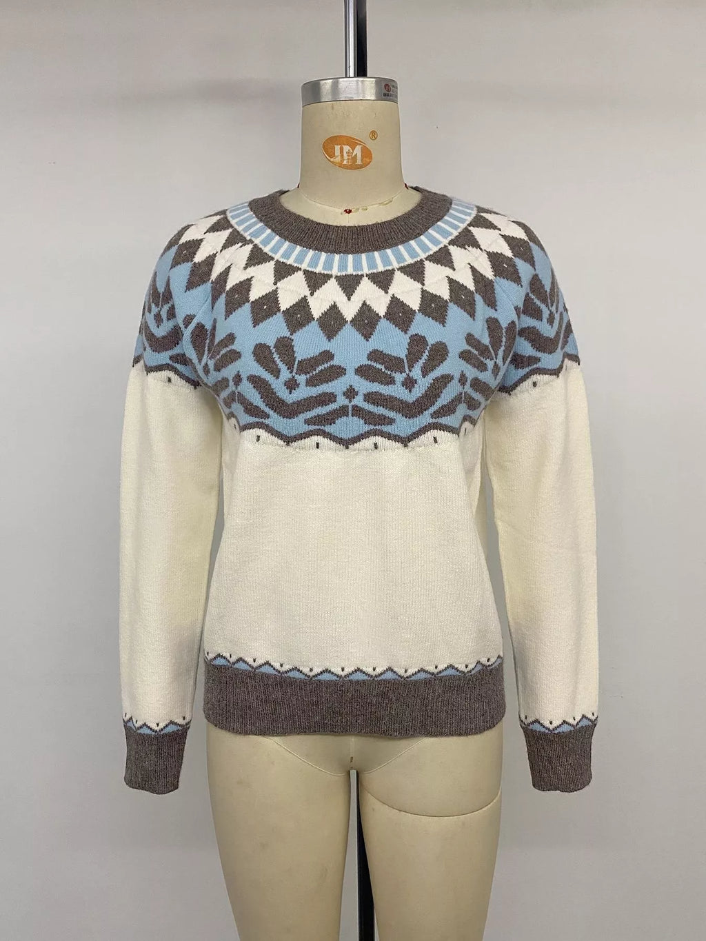 View 10 of the round-neck Fair Isle sweater with the pattern knitted in, not printed.