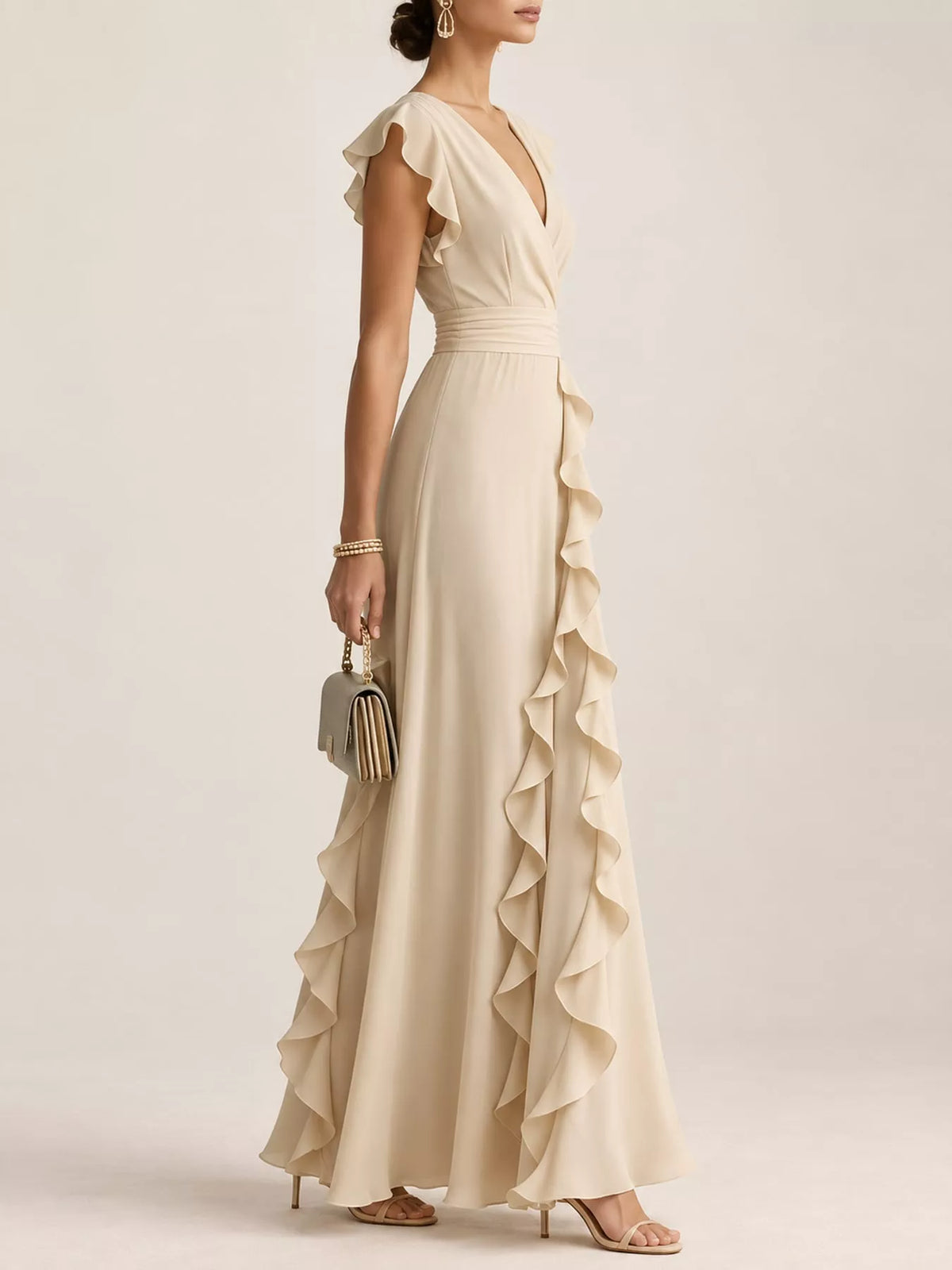 View 2 of the sleeveless maxi dress with a surplice wrap neck, ruffles, and a pleated skirt.