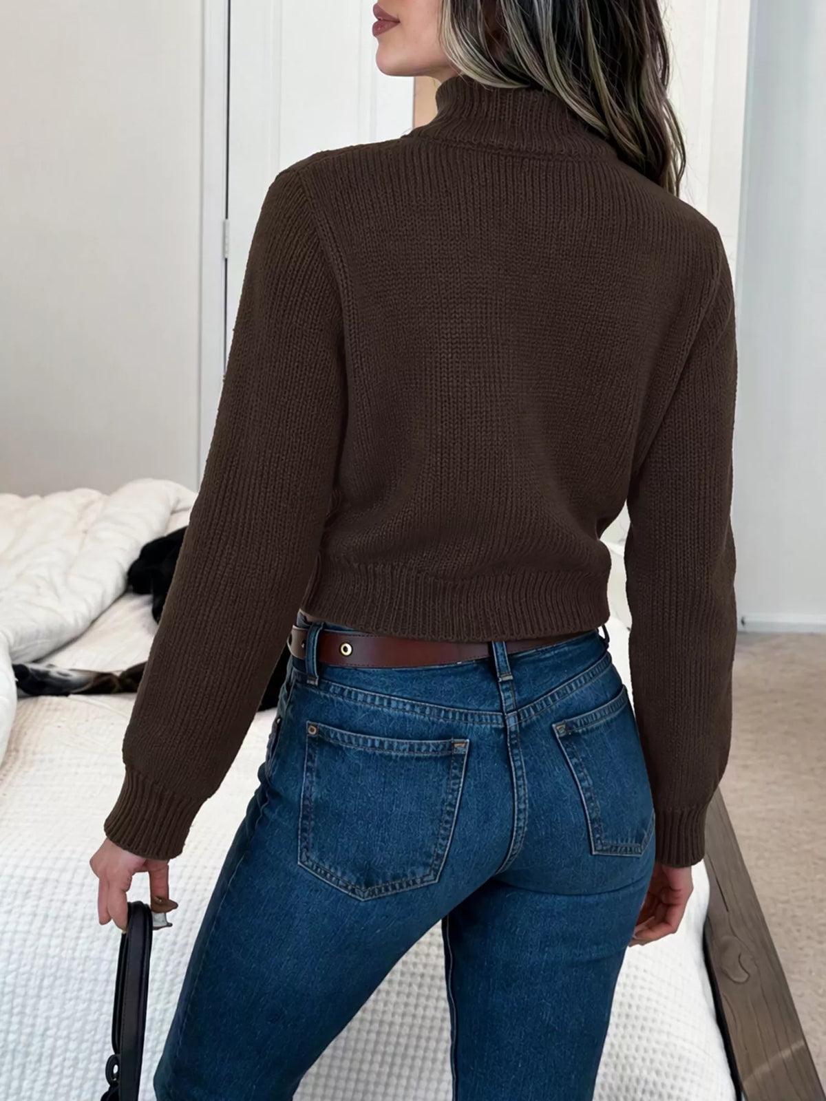 View 6 of the brown zip mock-neck cardigan with black horses on a cream chest band.