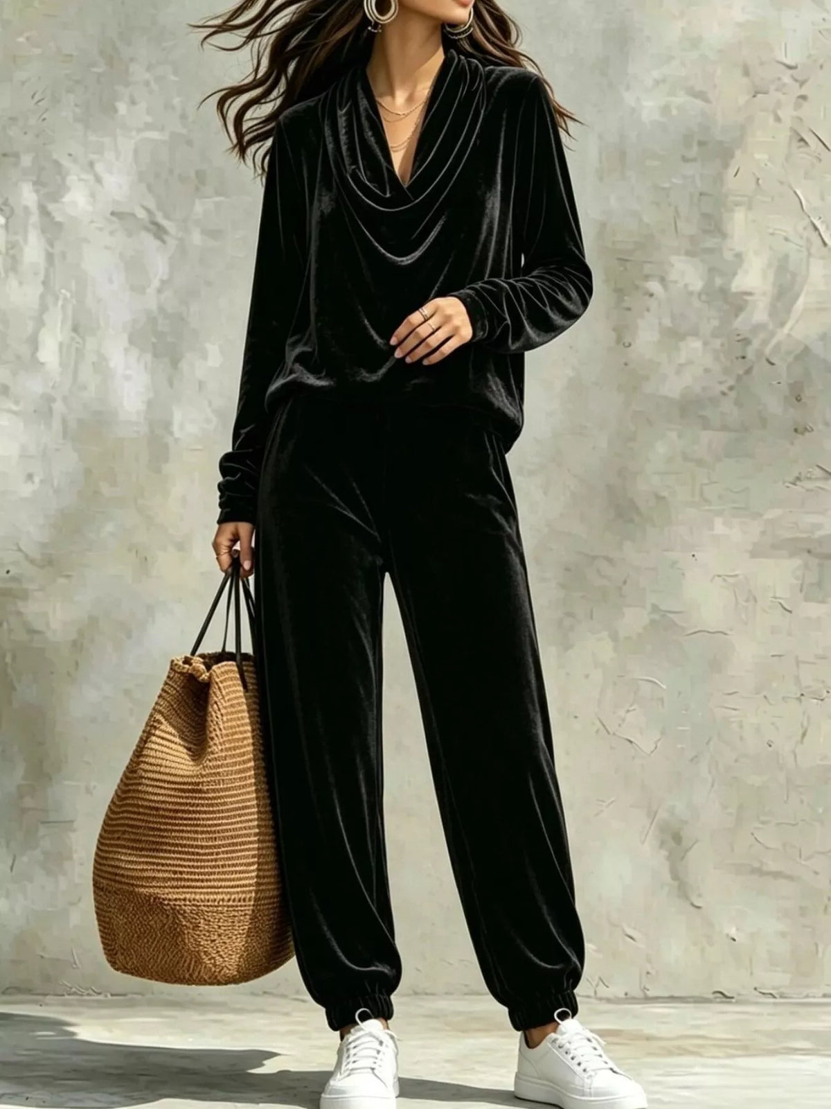 View 2 of the velvet two-piece set with a cowl-neck top and matching pants.