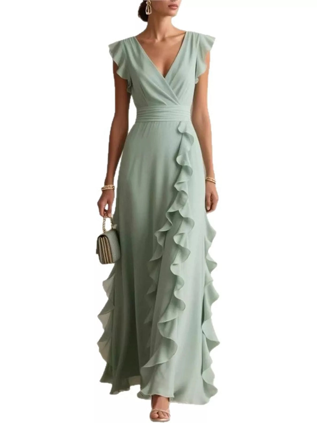 View 6 of the sleeveless maxi dress with a surplice wrap neck, ruffles, and a pleated skirt.
