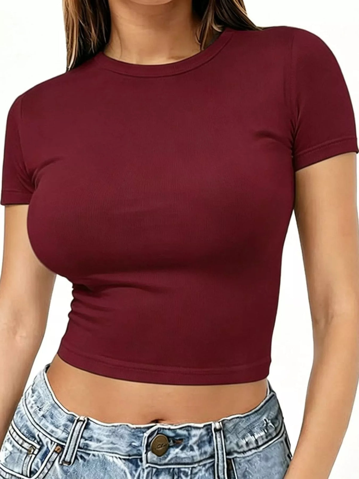 View 56 of the plain short-sleeve crewneck crop tee.