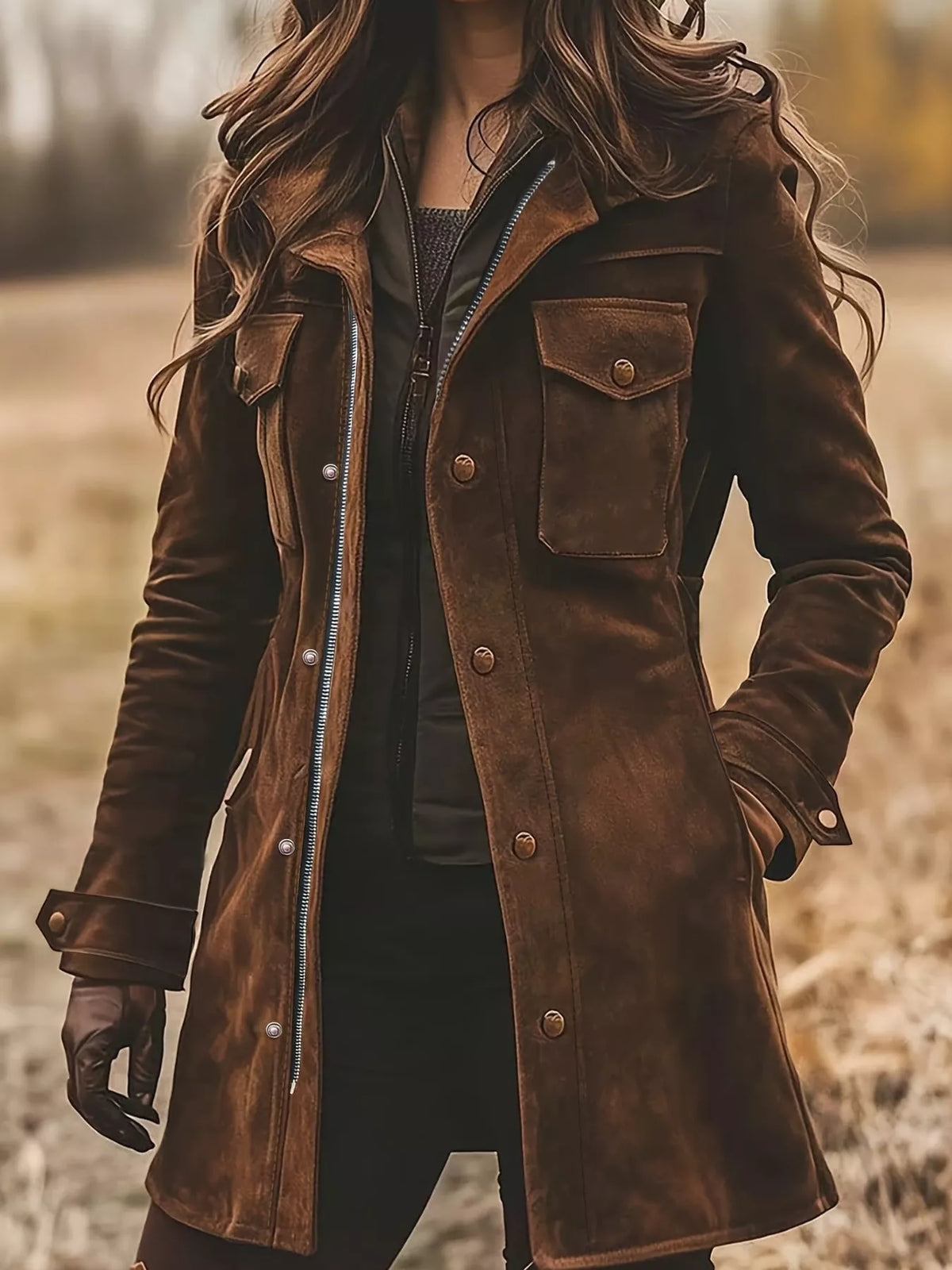 View 3 of the unlined long-sleeve jacket with pockets across the front.
