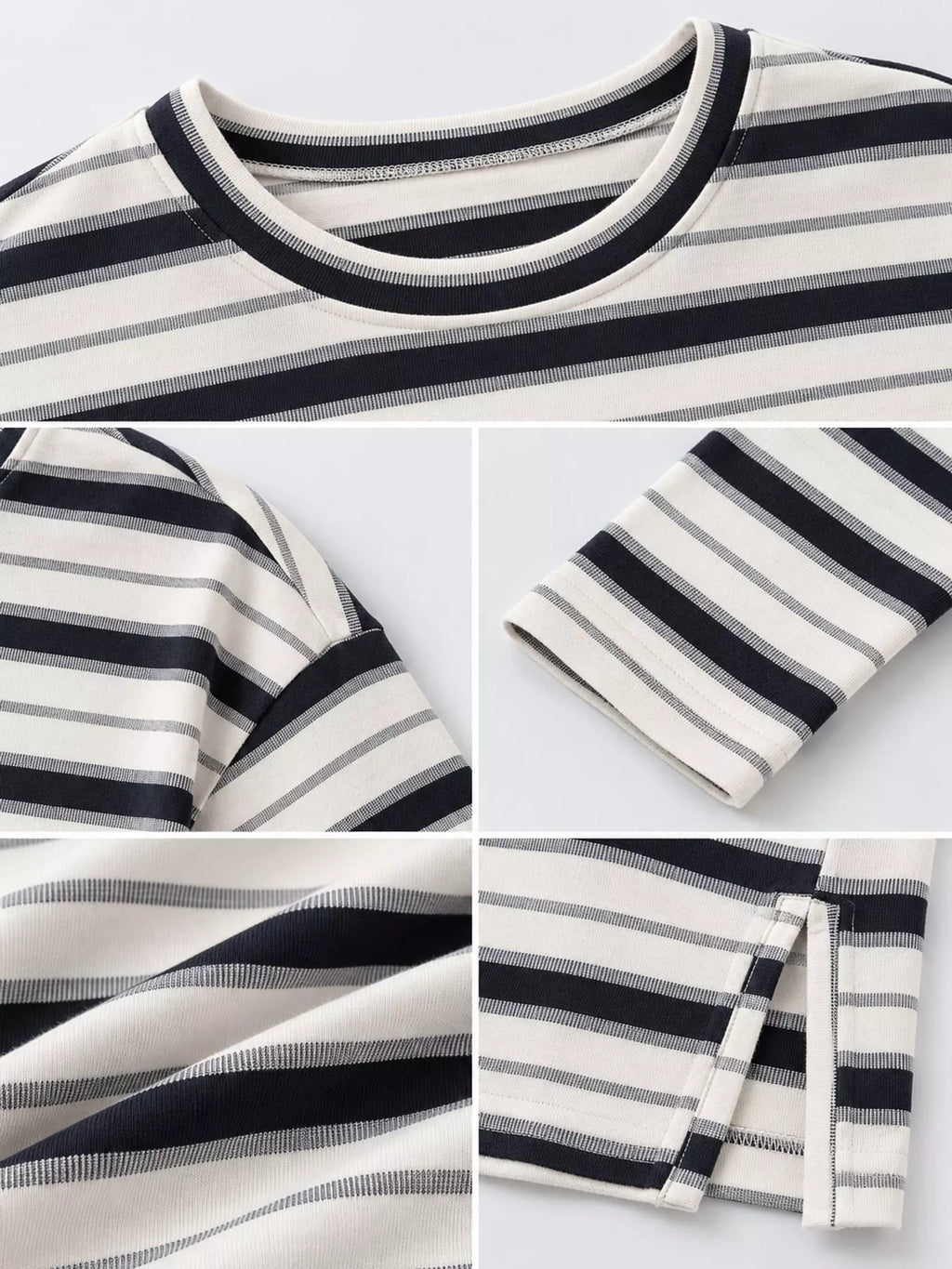 View 6 of the oversized navy-and-cream striped tee with dropped shoulders.