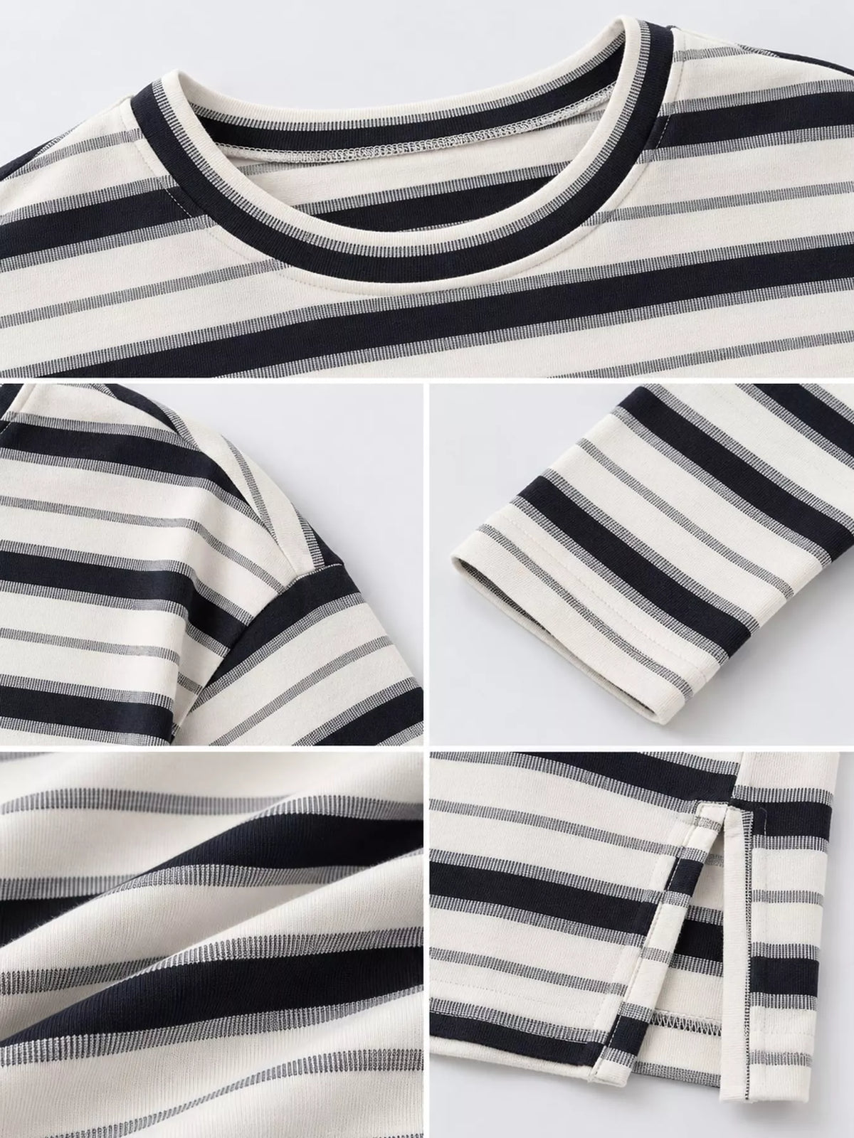 View 6 of the oversized navy-and-cream striped tee with dropped shoulders.