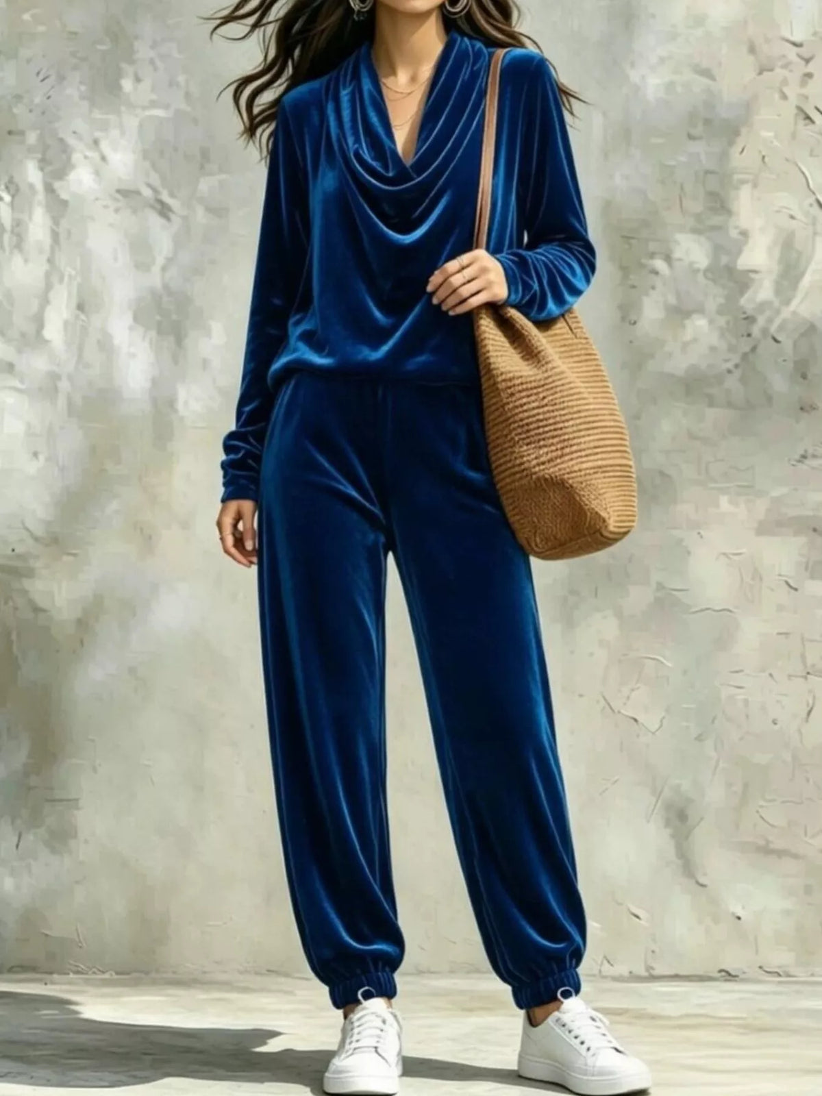 View 16 of the velvet two-piece set with a cowl-neck top and matching pants.