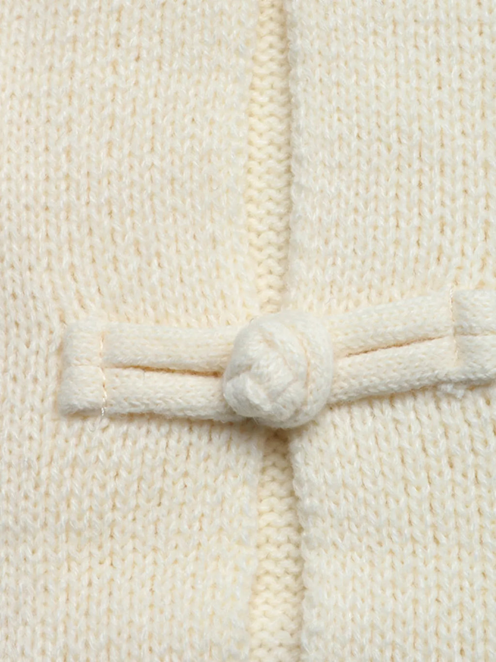 View 9 of the cardigan with Chinese knot buttons and contrast stripes down the sides.