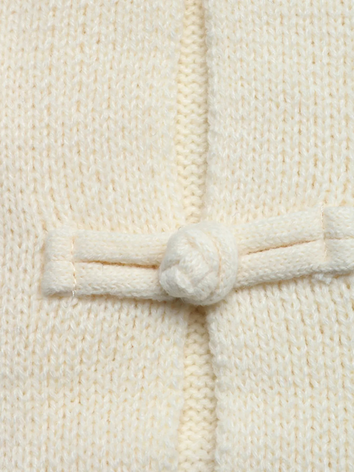 View 9 of the cardigan with Chinese knot buttons and contrast stripes down the sides.
