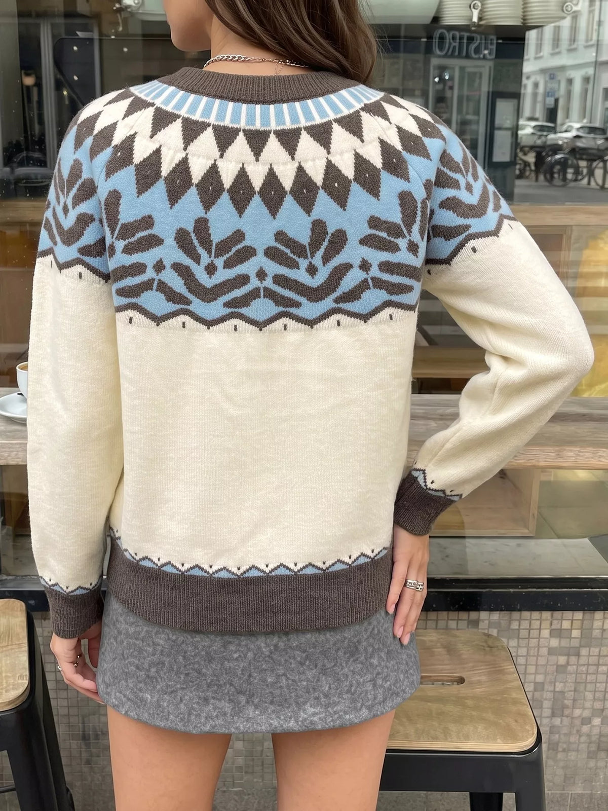 View 4 of the round-neck Fair Isle sweater with the pattern knitted in, not printed.