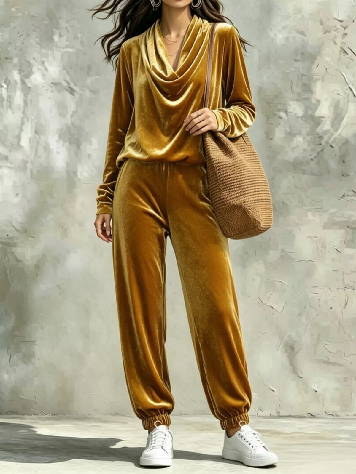 View 4 of the velvet two-piece set with a cowl-neck top and matching pants.