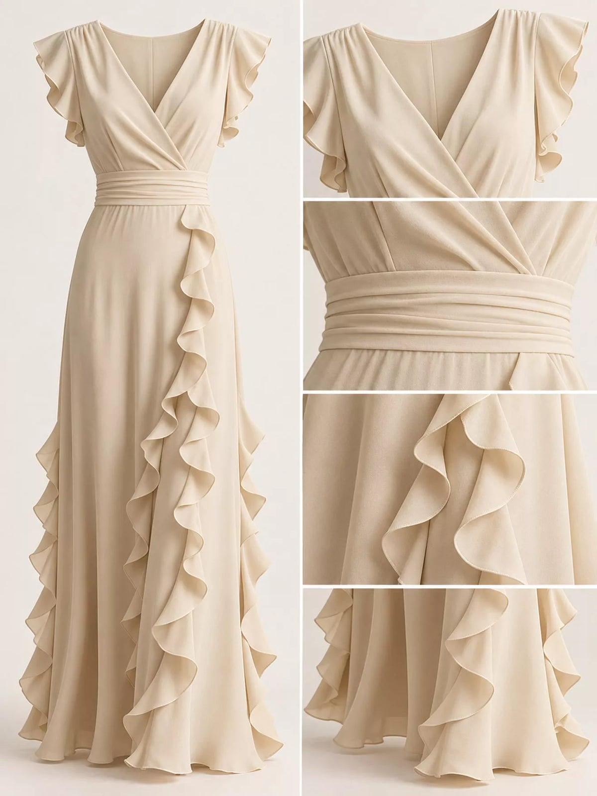 View 5 of the sleeveless maxi dress with a surplice wrap neck, ruffles, and a pleated skirt.