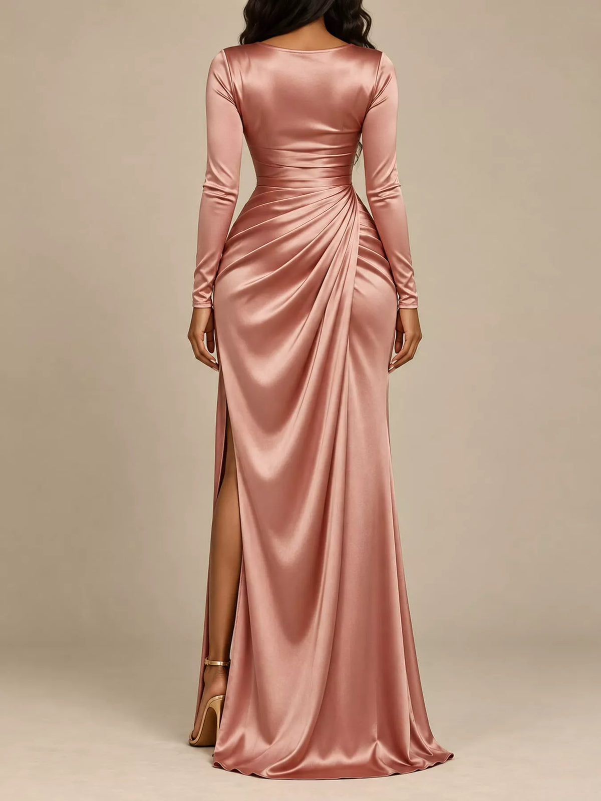 View 7 of the satin evening maxi dress with a cowl neck, a high slit, and ruching.