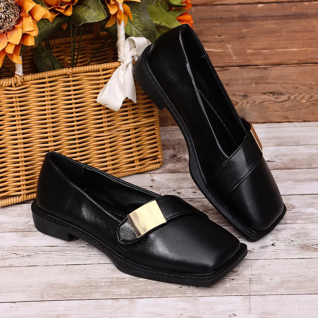 View 3 of the square-toe slip-on shoes with a low heel.