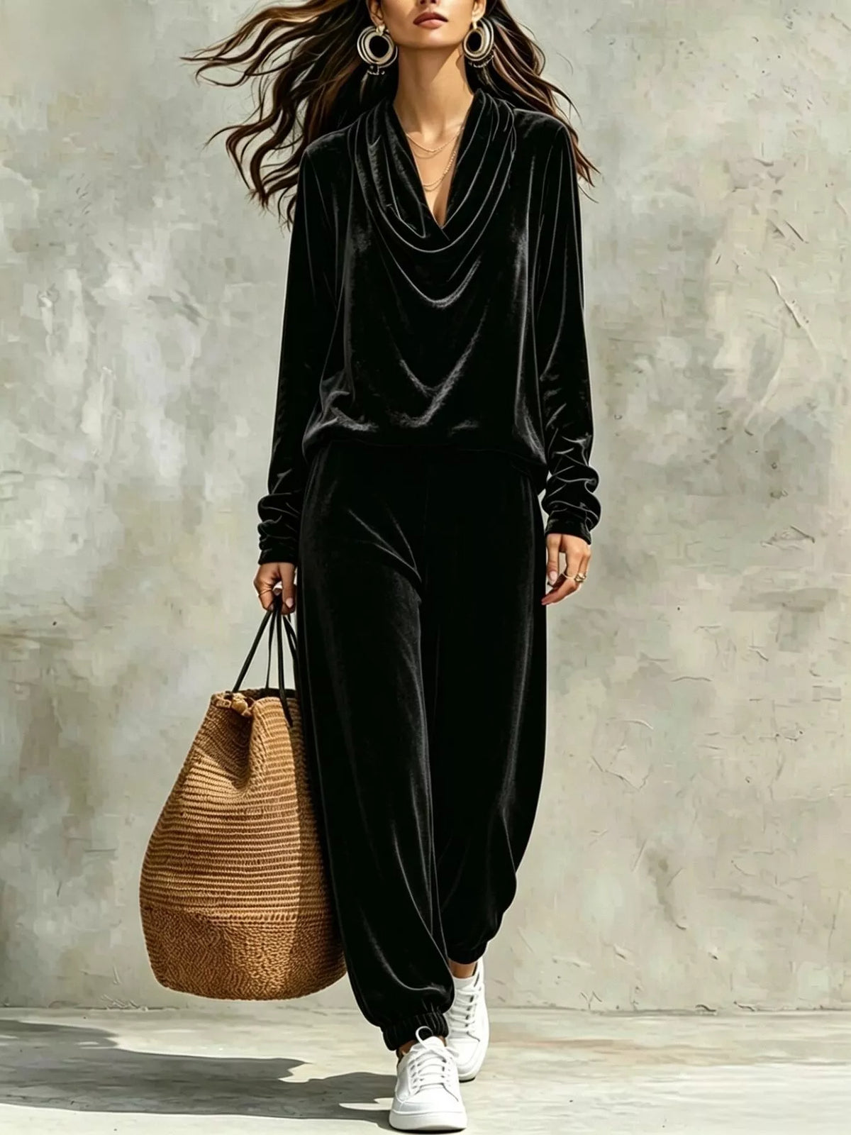 Velvet two-piece set with a cowl-neck top and matching pants.