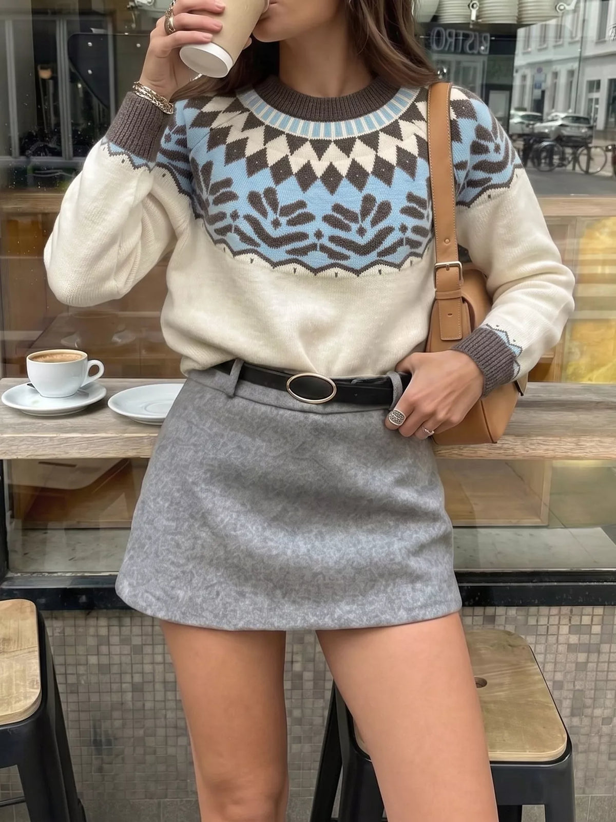 View 2 of the round-neck Fair Isle sweater with the pattern knitted in, not printed.