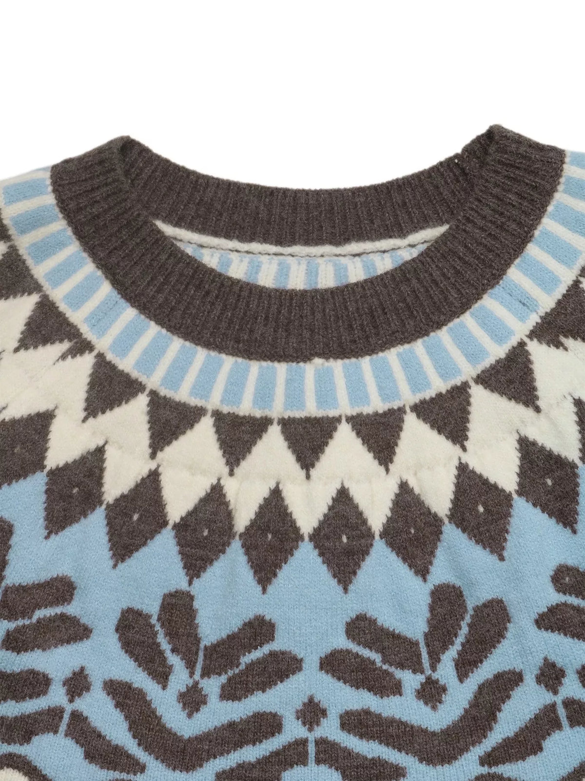 View 6 of the round-neck Fair Isle sweater with the pattern knitted in, not printed.