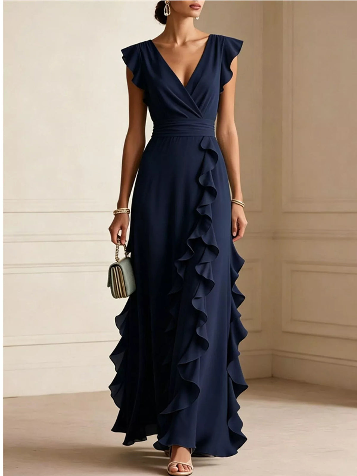 View 31 of the sleeveless maxi dress with a surplice wrap neck, ruffles, and a pleated skirt.