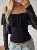Black off-the-shoulder crop top with floral lace at the neck and sleeves.