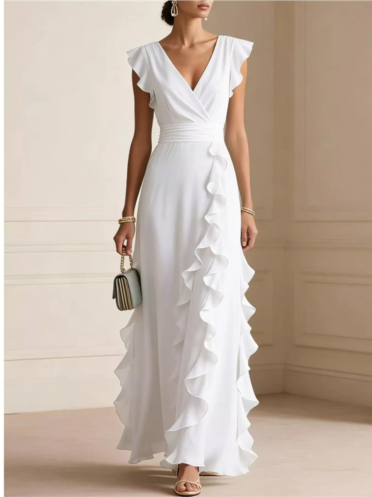 View 16 of the sleeveless maxi dress with a surplice wrap neck, ruffles, and a pleated skirt.