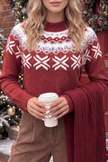Burgundy crewneck sweater with a white snowflake geometric band and a fair-isle yoke.