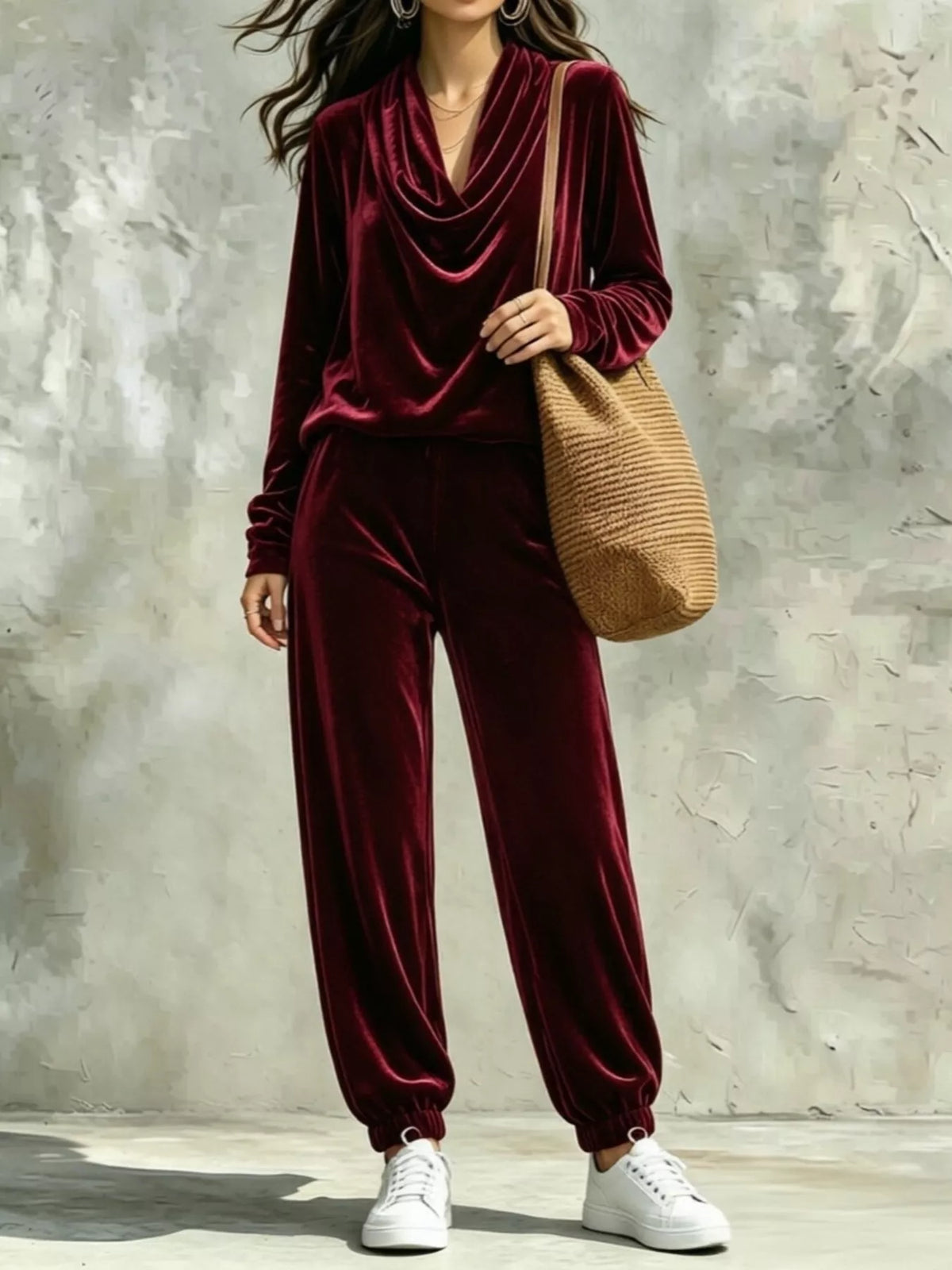 View 13 of the velvet two-piece set with a cowl-neck top and matching pants.