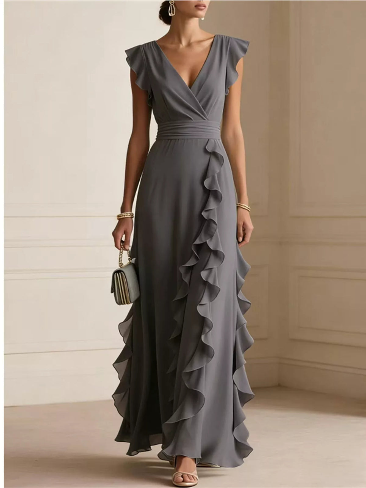 View 36 of the sleeveless maxi dress with a surplice wrap neck, ruffles, and a pleated skirt.