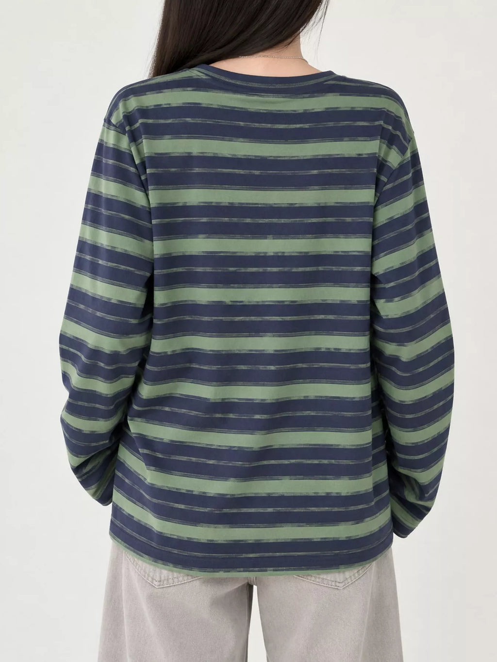 View 11 of the oversized navy-and-cream striped tee with dropped shoulders.