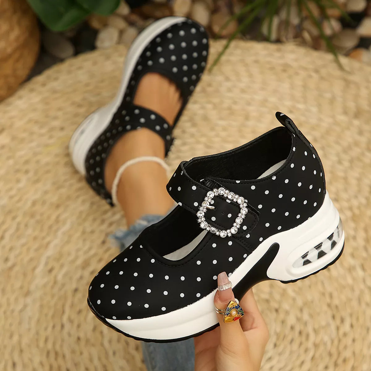 View 3 of the polka-dot platform loafers with a rhinestone buckle.