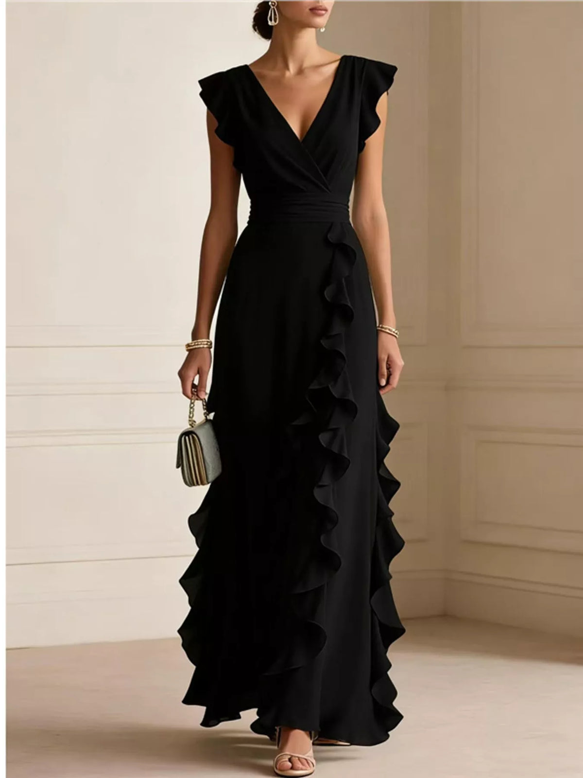 View 21 of the sleeveless maxi dress with a surplice wrap neck, ruffles, and a pleated skirt.