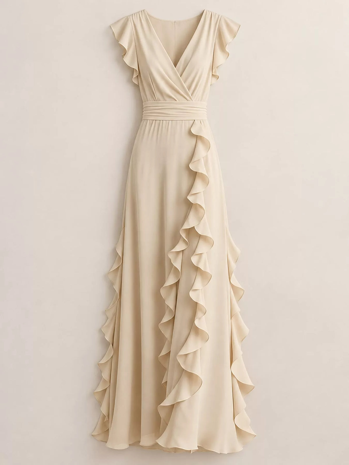 View 4 of the sleeveless maxi dress with a surplice wrap neck, ruffles, and a pleated skirt.
